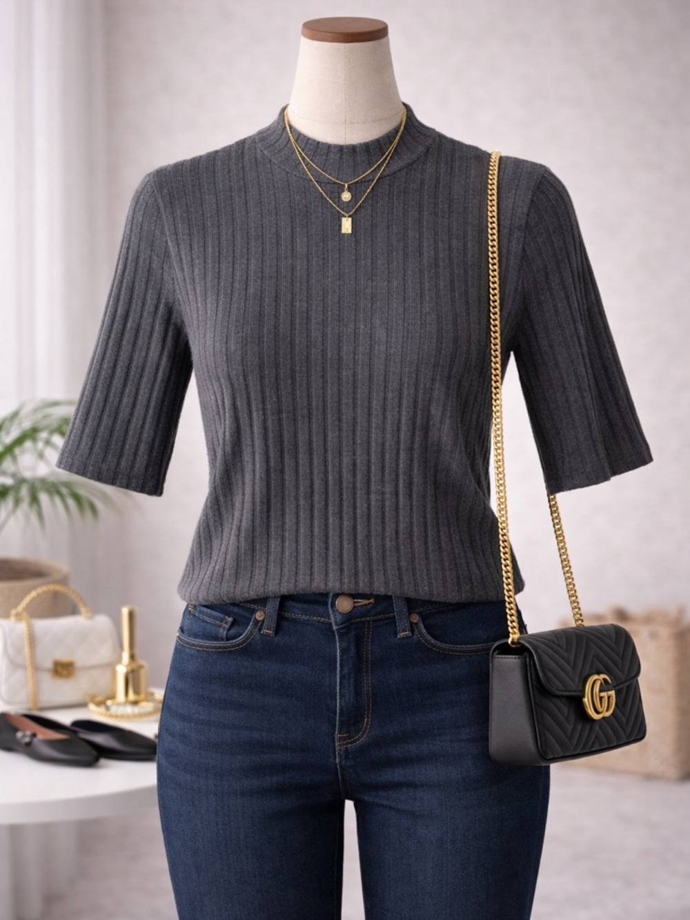 Hollister Dark Charcoal Ribbed Crew Tee
